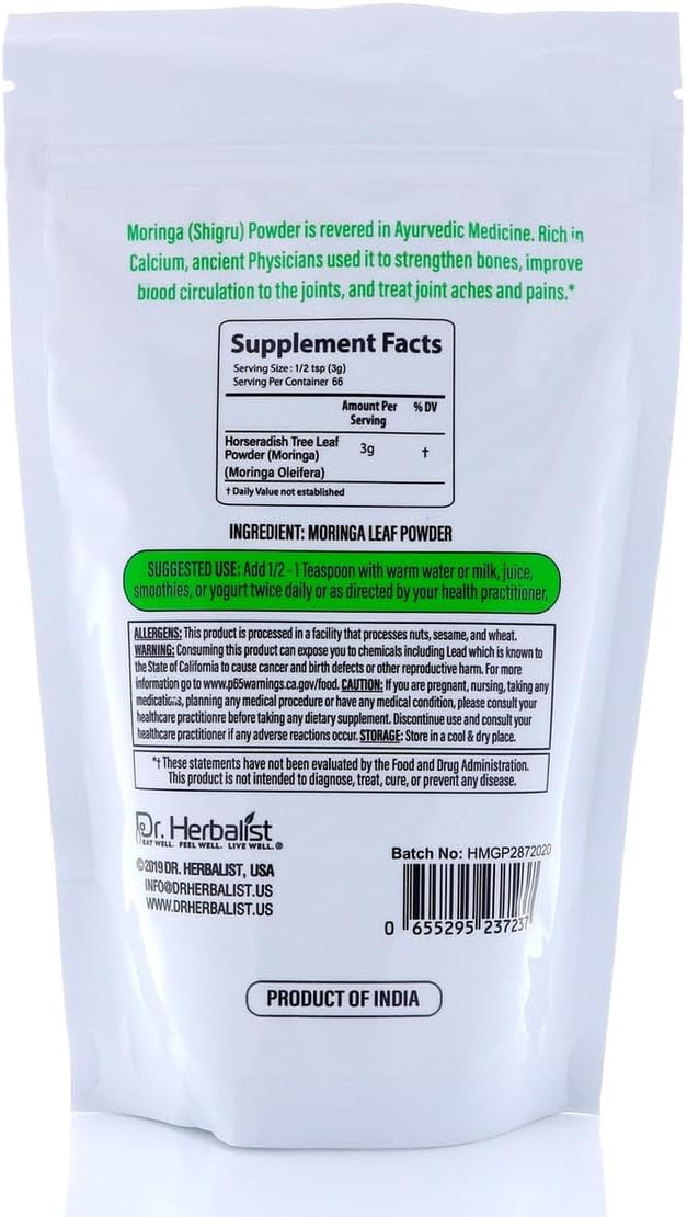 Organic Sun Dried Moringa Leaf Powder (7.05oz/200g) - Raw Herbal Superfood with Antioxidants for Natural Energy Boost and Wellness