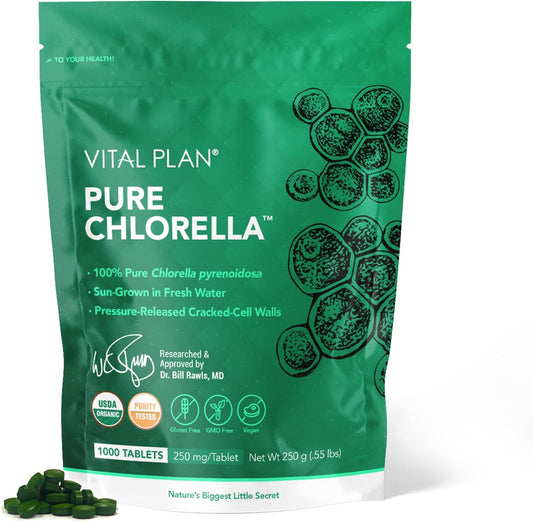 Organic Sun Grown Chlorella Tablets with Broken Cell Wall - Vital Plan Pure Chlorella Supplement by Dr. Bill Rawls for Chlorophyll Boost - 1000 Tabs