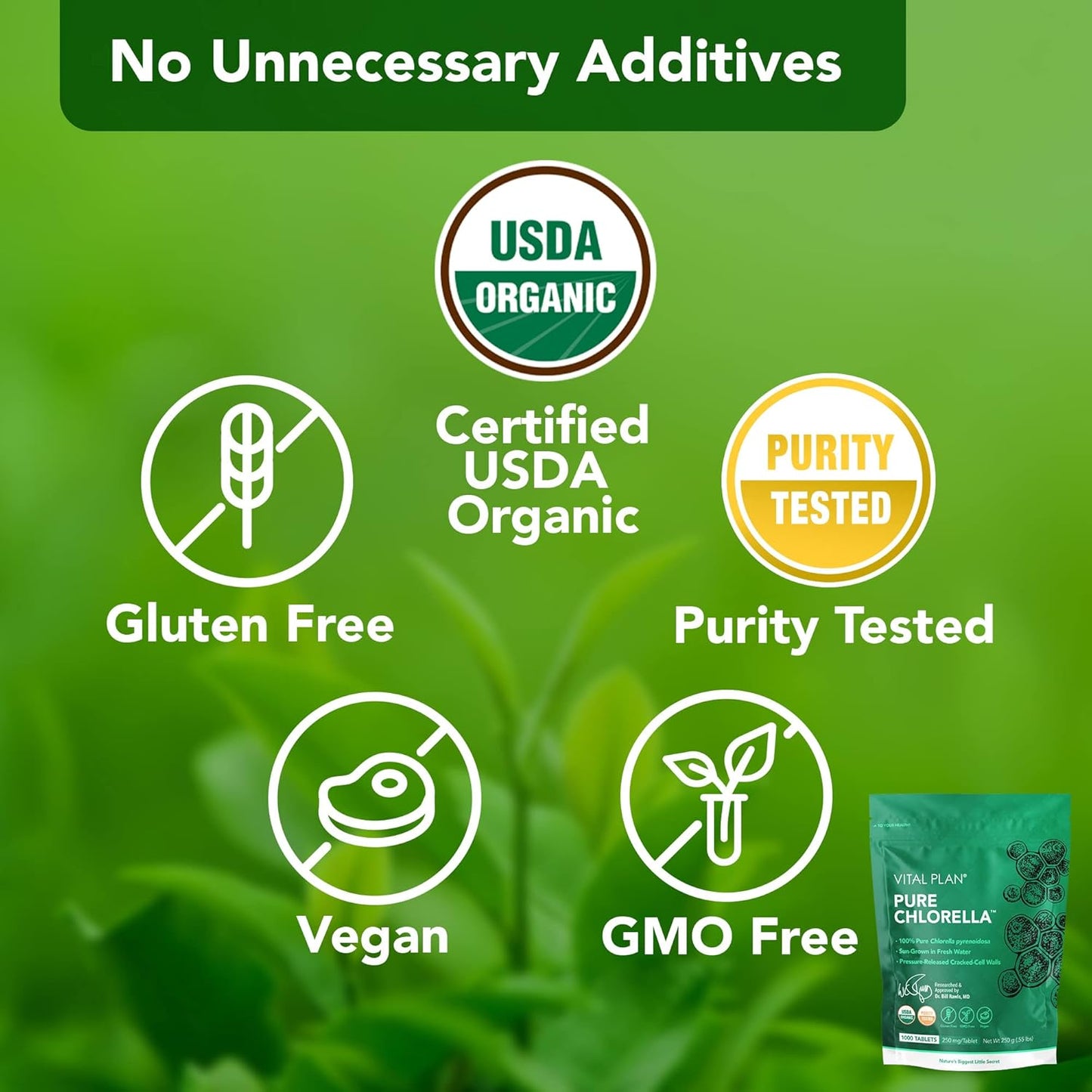 Organic Sun Grown Chlorella Tablets with Broken Cell Wall - Vital Plan Pure Chlorella Supplement by Dr. Bill Rawls for Chlorophyll Boost - 1000 Tabs