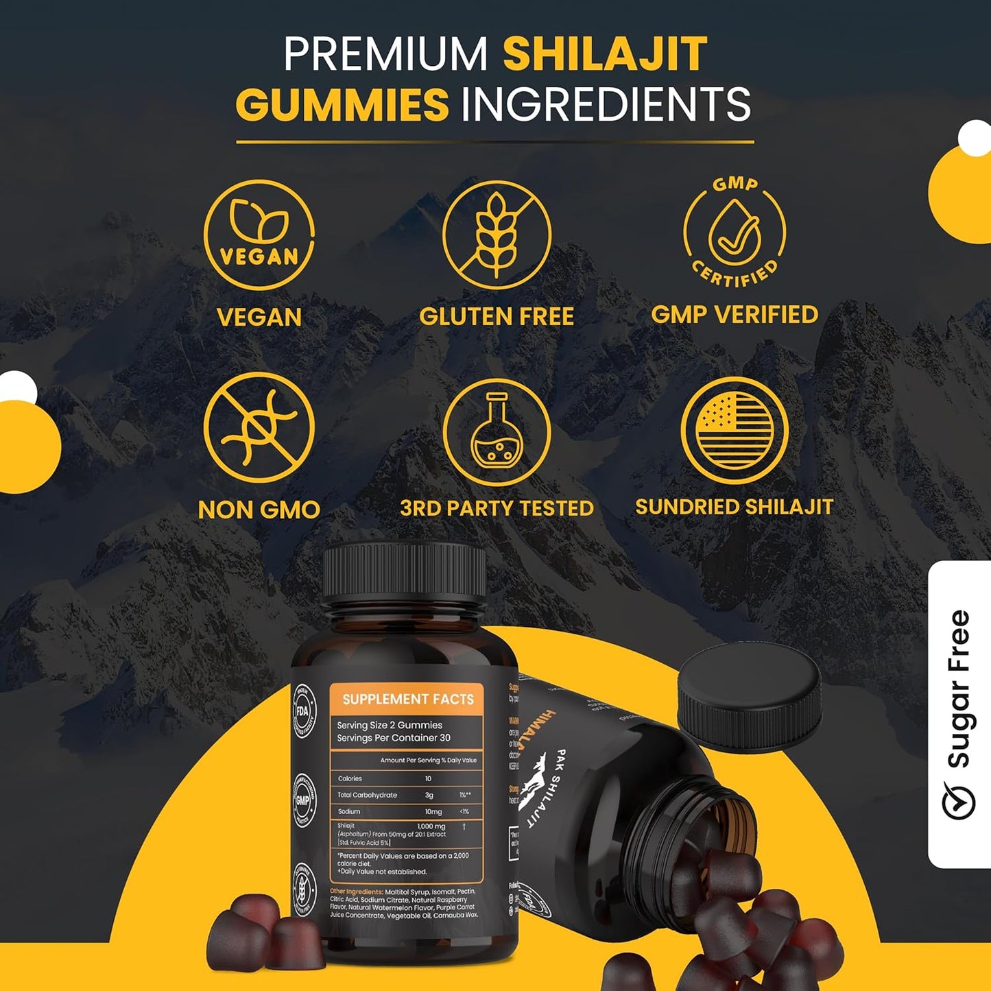Organic Sundried Himalayan Shilajit Gummies with 85+ Trace Minerals for Energy and Immunity - Sugar-Free 60 Count