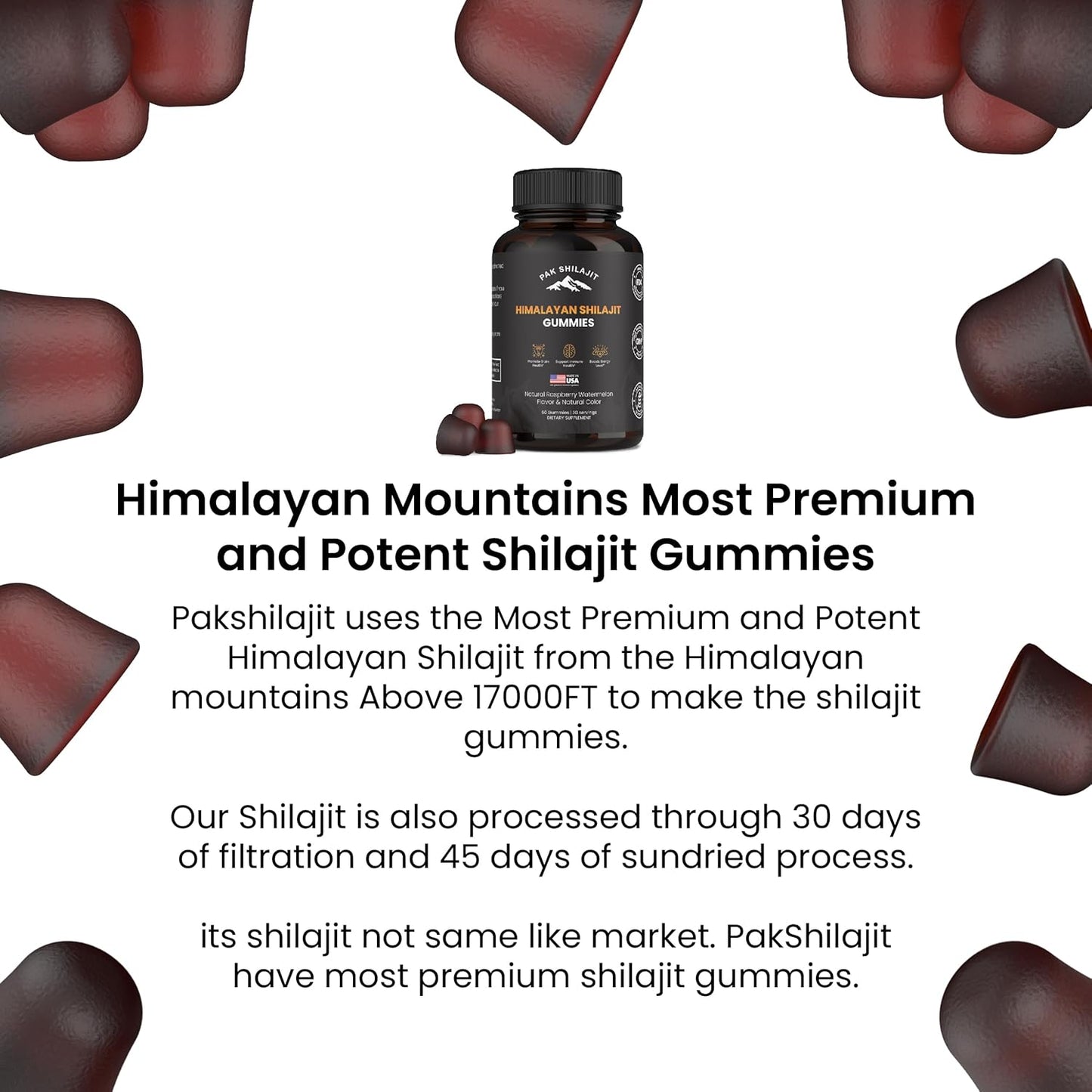 Organic Sundried Himalayan Shilajit Gummies with 85+ Trace Minerals for Energy and Immunity - Sugar-Free 60 Count