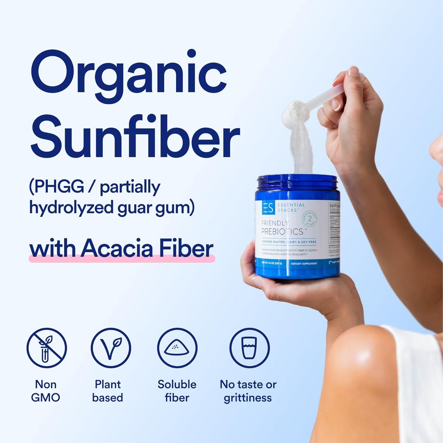 Organic Sunfiber Prebiotic Fiber Powder Blend - Non-GMO, Gluten Free & Unflavored Soluble Fiber Supplement - 7.4 oz