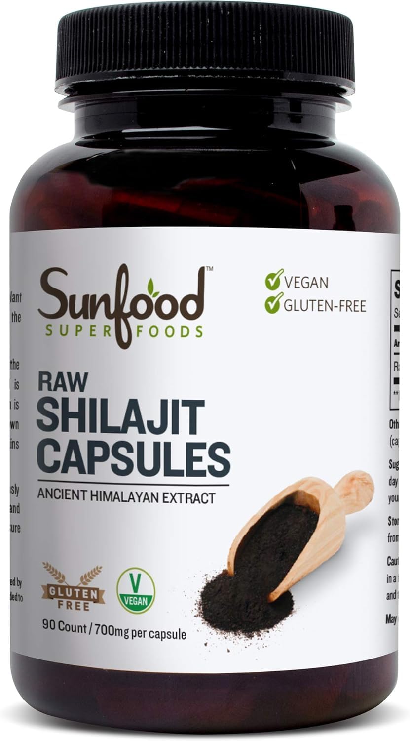 Organic Sunfood Shilajit Capsules - Himalayan Extract with Fulvic Acid, Minerals - 90 Pills for Women & Men