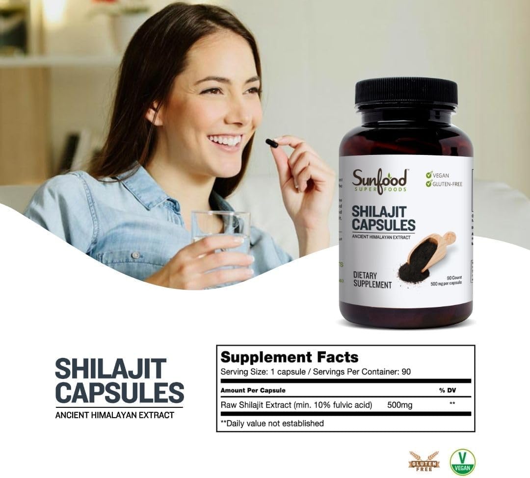 Organic Sunfood Shilajit Capsules - Himalayan Extract with Fulvic Acid, Minerals - 90 Pills for Women & Men