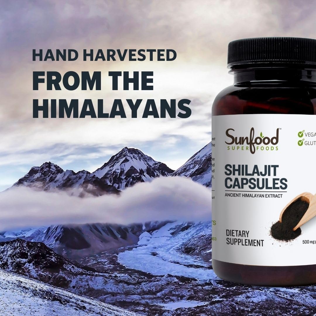 Organic Sunfood Shilajit Capsules - Himalayan Extract with Fulvic Acid, Minerals - 90 Pills for Women & Men
