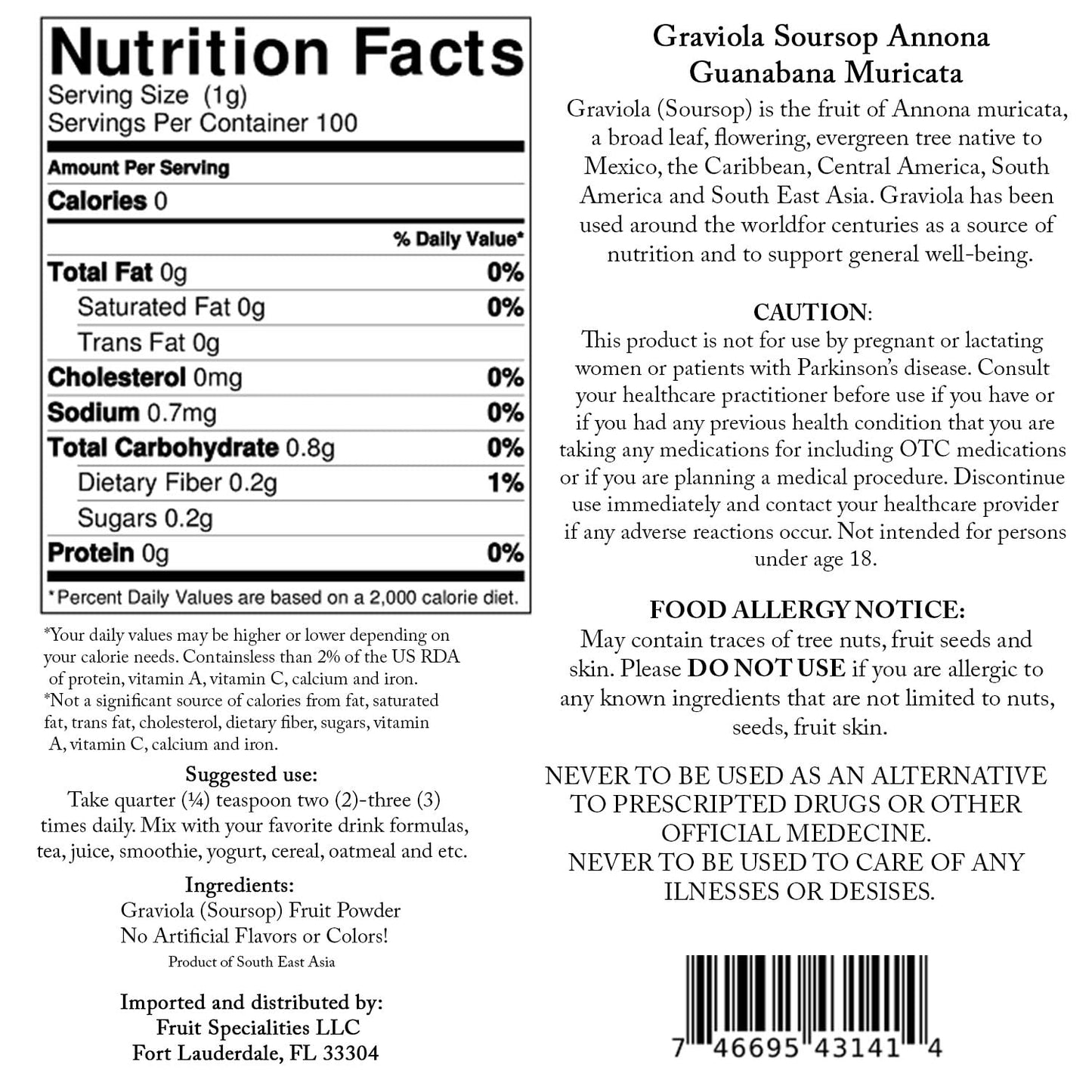 Organic Sunrise Graviola (Soursop) Powder - Pure Annona Muricata Guanabana Fruit Powder (3.52 oz)