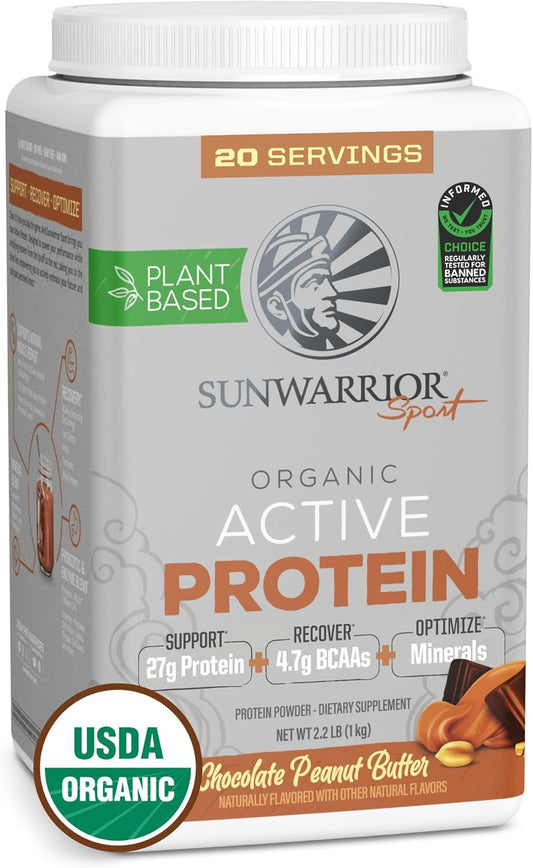 Organic Sunwarrior Vegan Protein Powder Peanut Butter Chocolate Flavor | Plant-Based BCAAs | 27g Protein per Serving | Non-GMO, Gluten-Free, Dairy-Free | Sugar-Free Sport Protein Powder (20 Servings)