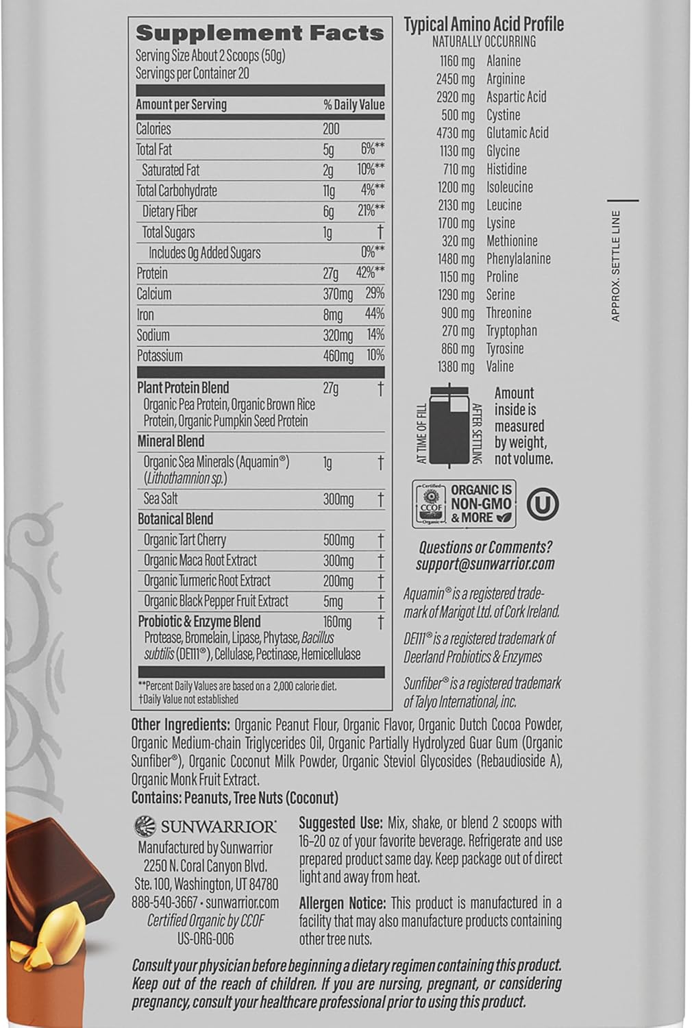 Organic Sunwarrior Vegan Protein Powder Peanut Butter Chocolate Flavor | Plant-Based BCAAs | 27g Protein per Serving | Non-GMO, Gluten-Free, Dairy-Free | Sugar-Free Sport Protein Powder (20 Servings)