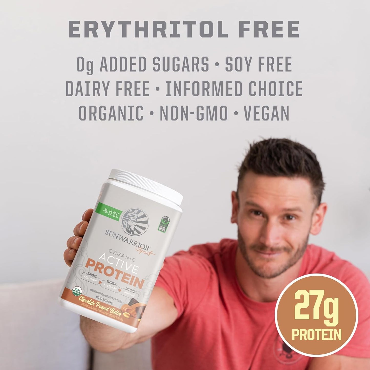 Organic Sunwarrior Vegan Protein Powder Peanut Butter Chocolate Flavor | Plant-Based BCAAs | 27g Protein per Serving | Non-GMO, Gluten-Free, Dairy-Free | Sugar-Free Sport Protein Powder (20 Servings)