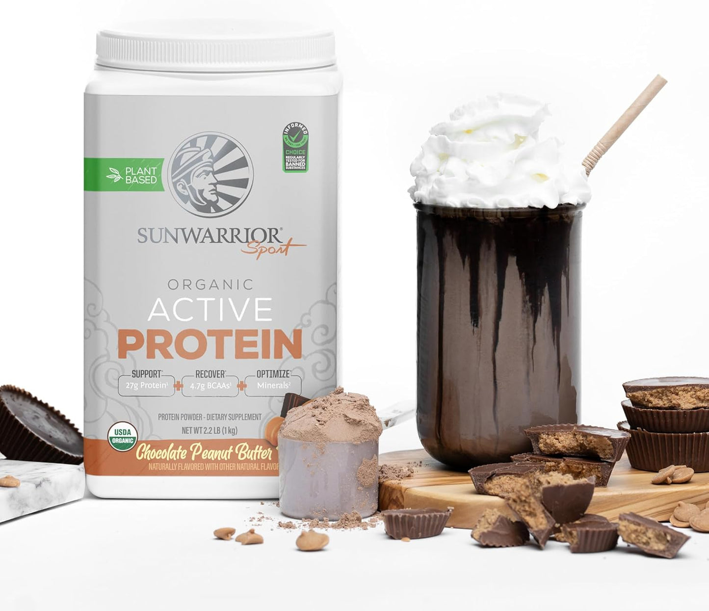 Organic Sunwarrior Vegan Protein Powder Peanut Butter Chocolate Flavor | Plant-Based BCAAs | 27g Protein per Serving | Non-GMO, Gluten-Free, Dairy-Free | Sugar-Free Sport Protein Powder (20 Servings)