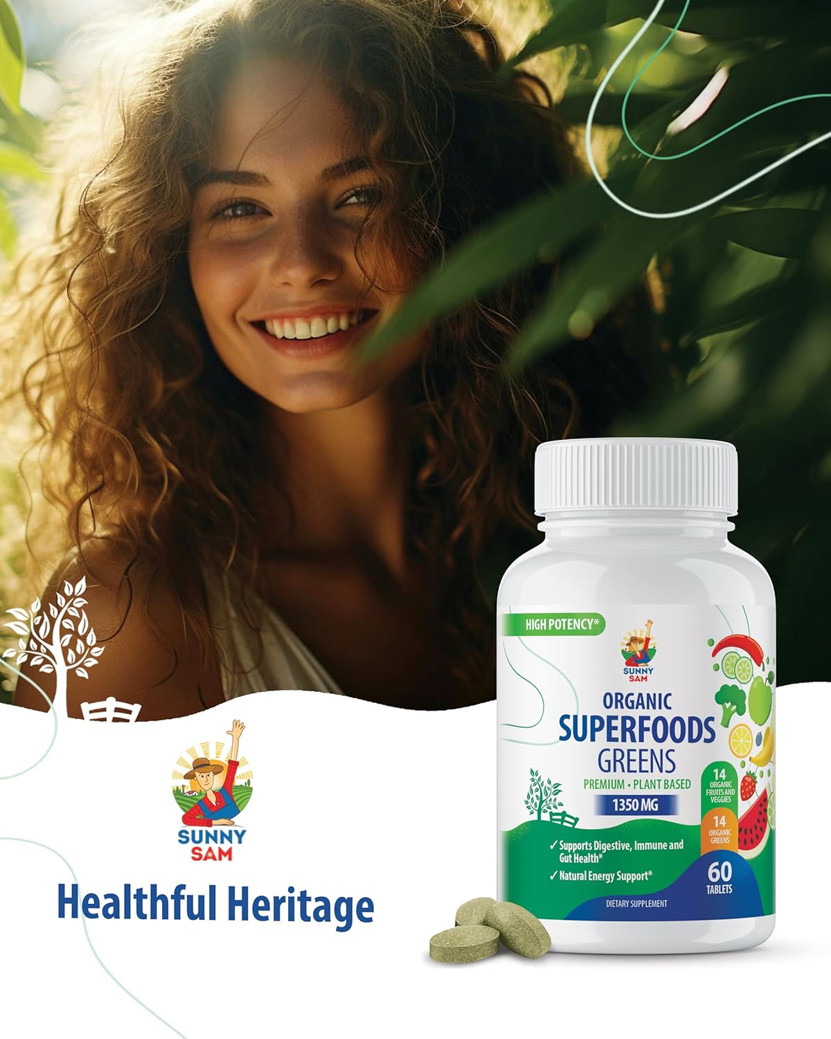 Organic Super Green Supplements for Adults - 120 Count - Real Fruits, Vegetables, Herbs - Digestive & Energy Support