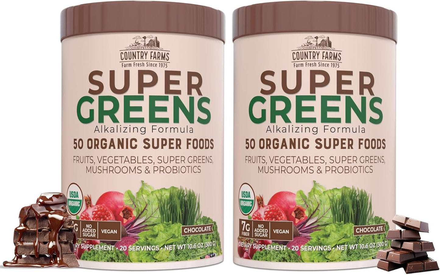 Organic Super Greens Chocolate Drink Mix with 50 Superfoods, Mushrooms, and Probiotics for Energy - 40 Servings, 10.6 Oz (2 Pack)