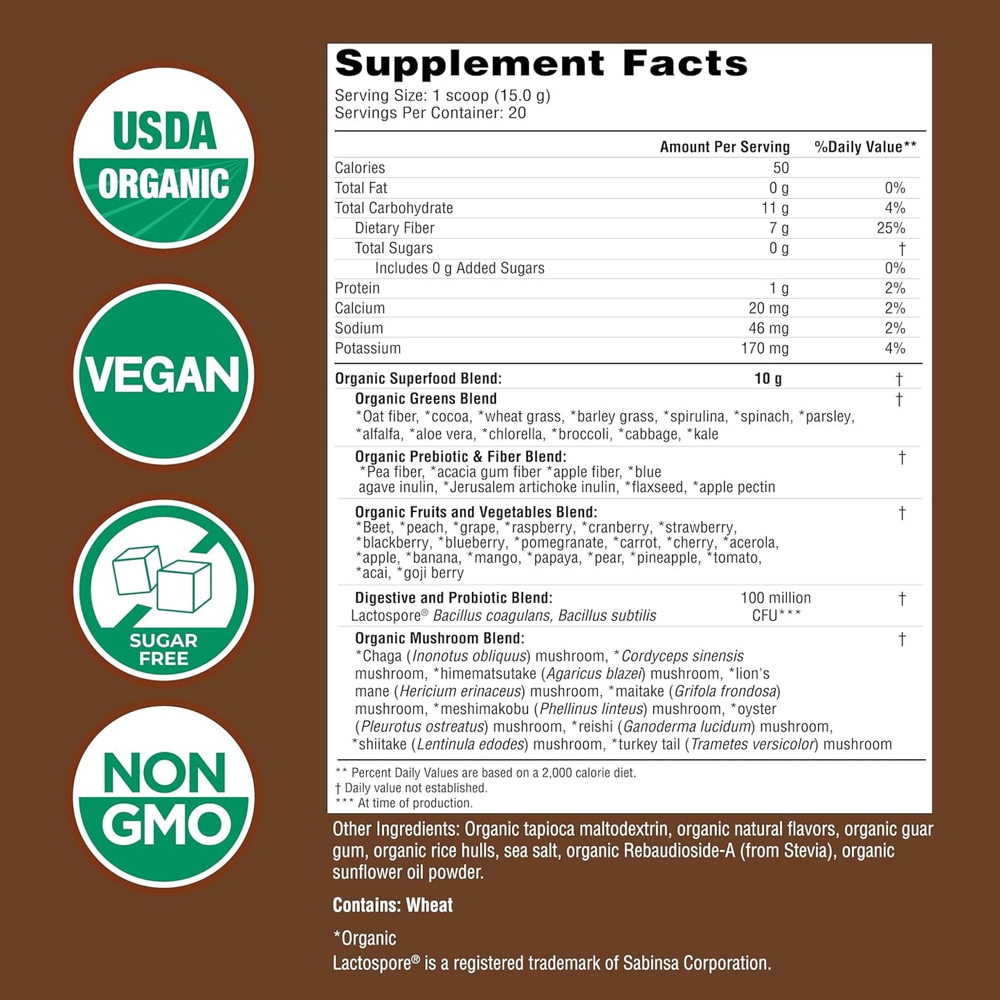 Organic Super Greens Chocolate Drink Mix with 50 Superfoods, Mushrooms, and Probiotics for Energy - 40 Servings, 10.6 Oz (2 Pack)