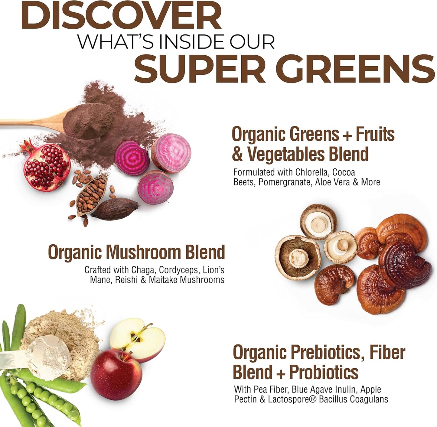 Organic Super Greens Chocolate Drink Mix with 50 Superfoods, Mushrooms, and Probiotics for Energy - 40 Servings, 10.6 Oz (2 Pack)