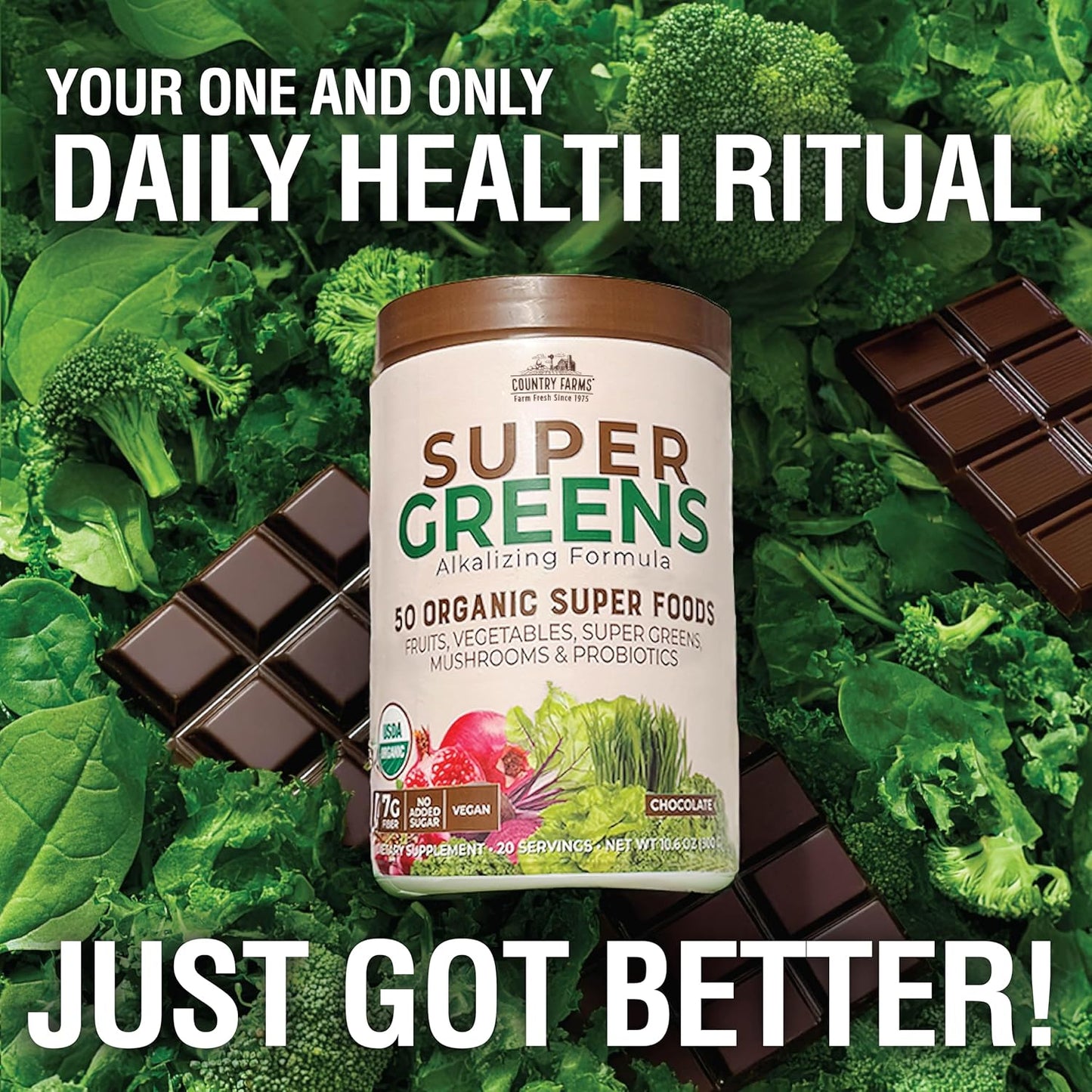 Organic Super Greens Chocolate Drink Mix with 50 Superfoods, Mushrooms, and Probiotics for Energy - 40 Servings, 10.6 Oz (2 Pack)