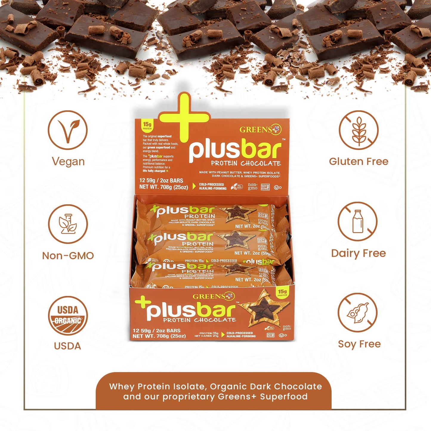 Organic Super Greens Dark Chocolate Protein Bars with Whey Isolate - Gluten Free & Vegan Meal Replacement Snacks (12 Bars)
