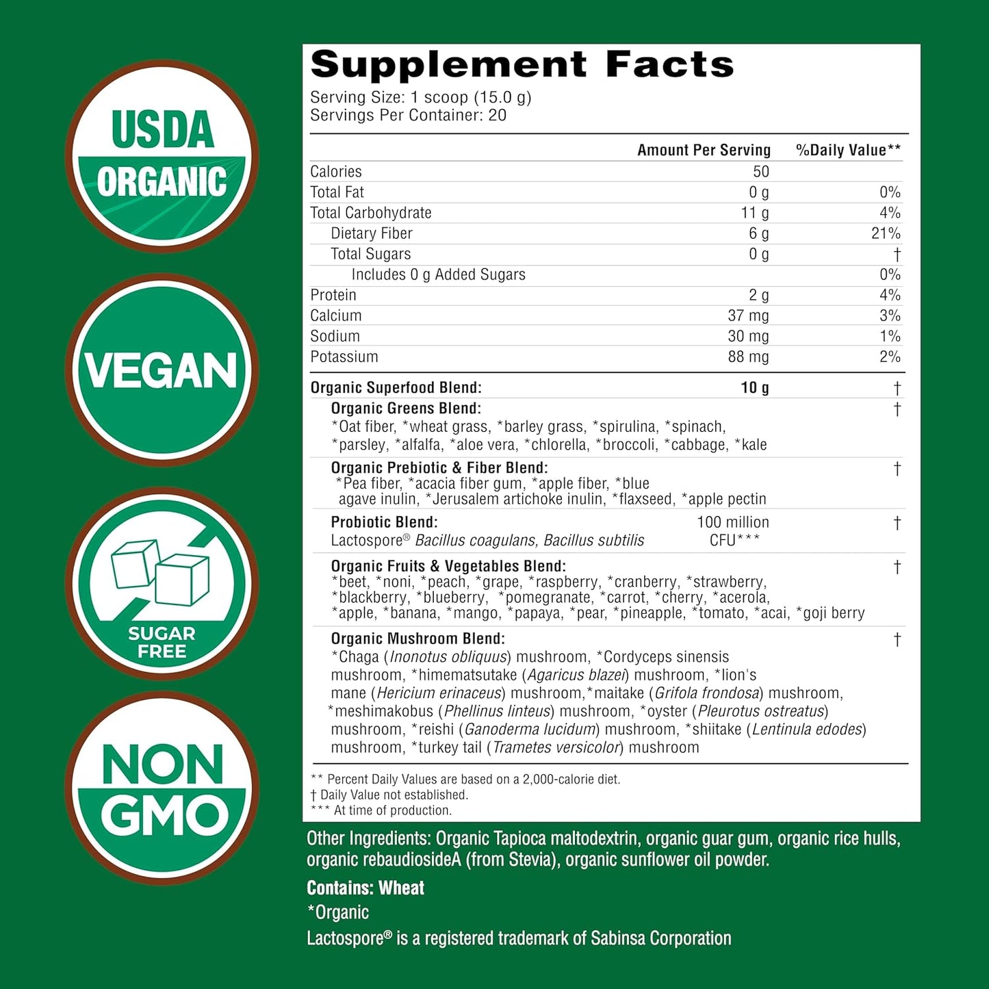 Organic Super Greens Drink Mix with 50 Super Foods, Mushrooms, Probiotics, Energy Support - 40 Servings, 10.6 Oz, 2 Pack