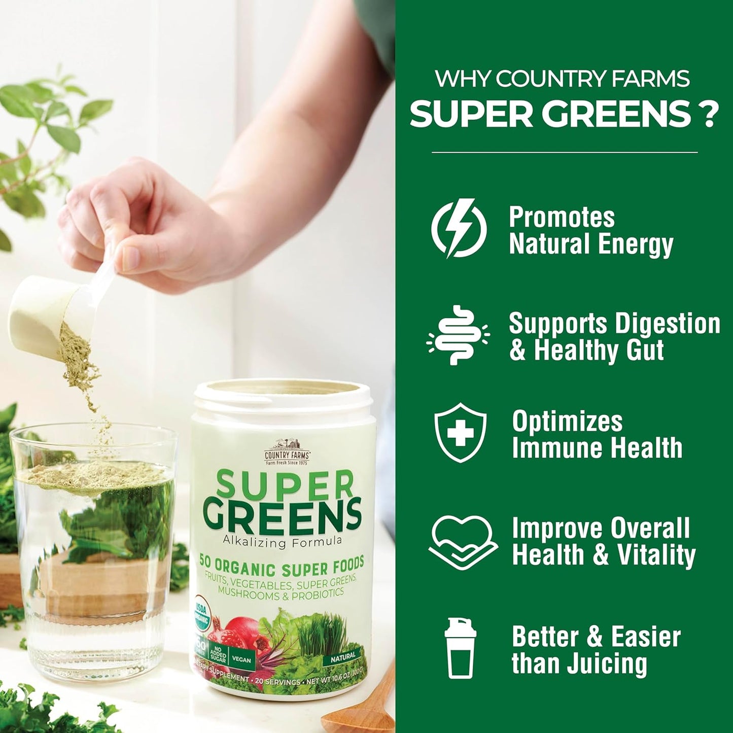 Organic Super Greens Drink Mix with 50 Super Foods, Mushrooms, Probiotics, Energy Support - 40 Servings, 10.6 Oz, 2 Pack