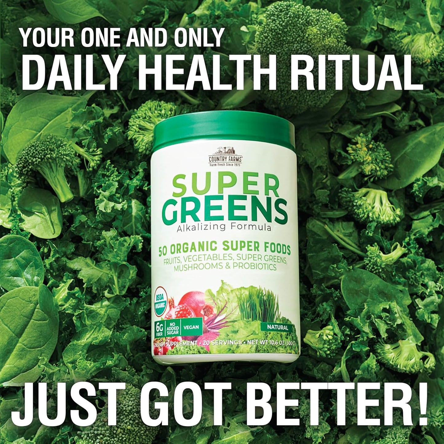 Organic Super Greens Drink Mix with 50 Super Foods, Mushrooms, Probiotics, Energy Support - 40 Servings, 10.6 Oz, 2 Pack