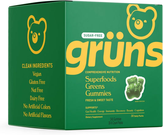 Organic Super Greens Gummy Bears - Sugar Free, Spirulina, Chlorella, Prebiotics, 20+ Vitamins, Adaptogens - 30 Sachets, 240 Gummies