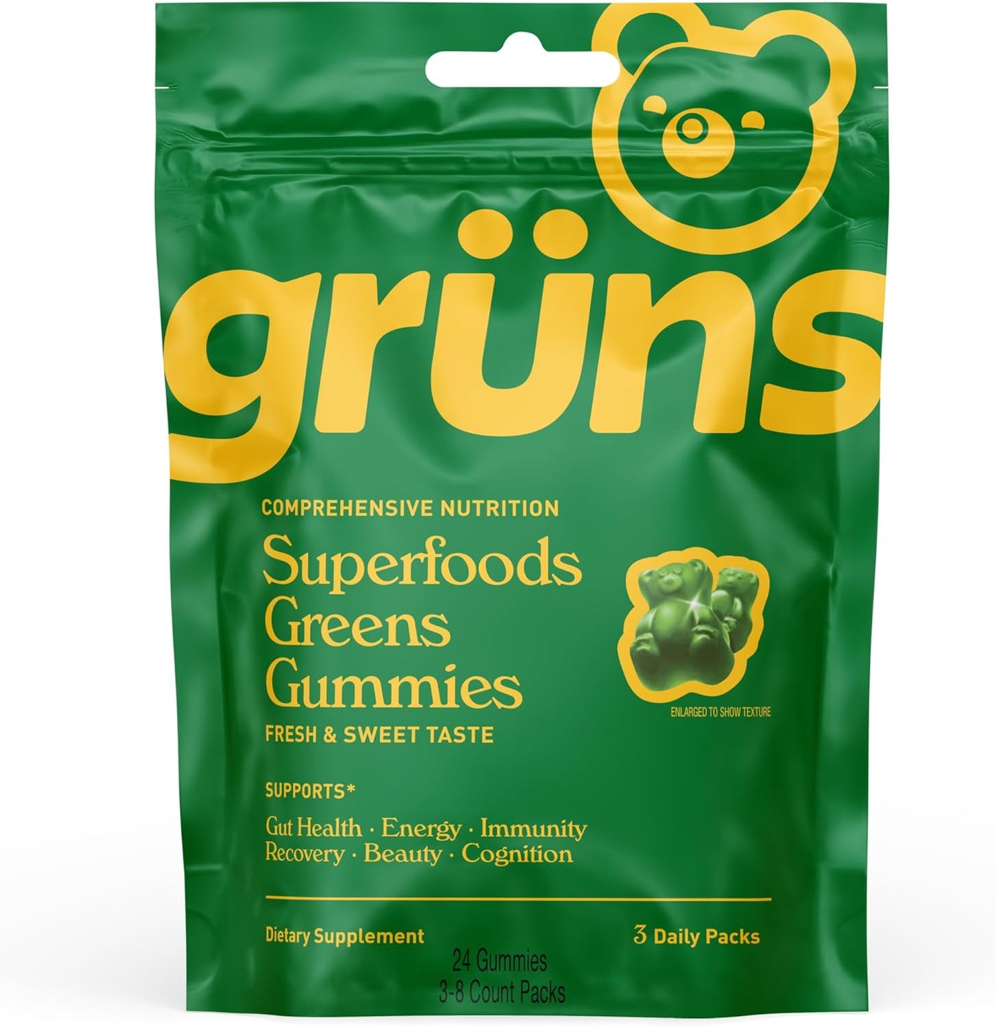 Organic Super Greens Gummy Bears with Spirulina, Chlorella, Prebiotics, 20+ Vitamins & Minerals - 3 Sachets, 24 Gummies