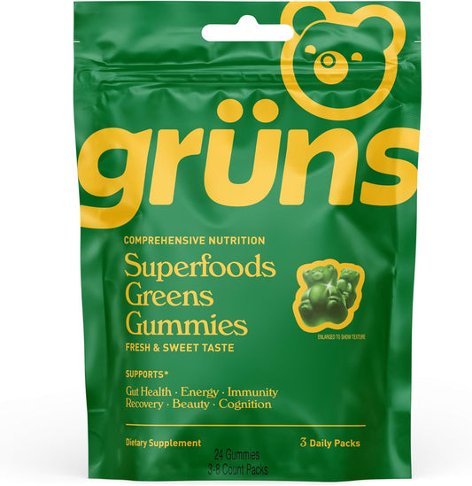 Organic Super Greens Gummy Bears with Spirulina, Chlorella, Prebiotics, 20+ Vitamins & Minerals - 3 Sachets, 24 Gummies