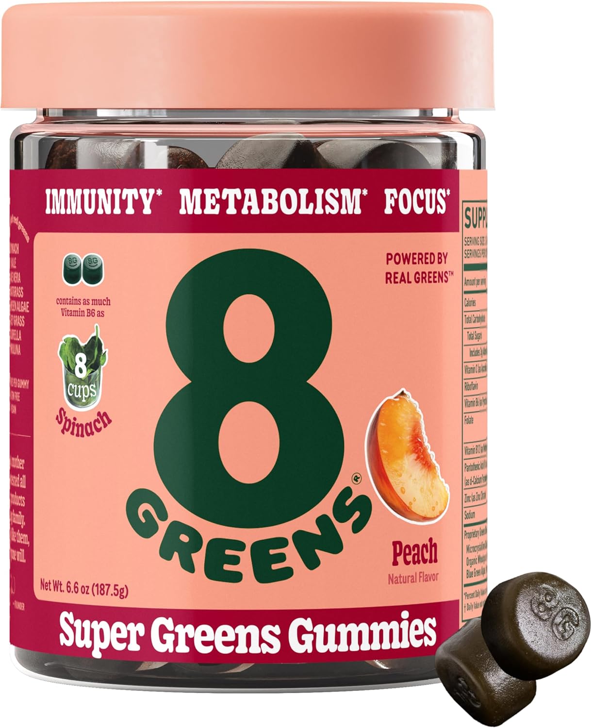 Organic Super Greens Gummy Supplement - 8Greens Superfood Gummies for Metabolism, Immunity & Focus with Digestive Enzymes - Peach Flavor, 50 Count