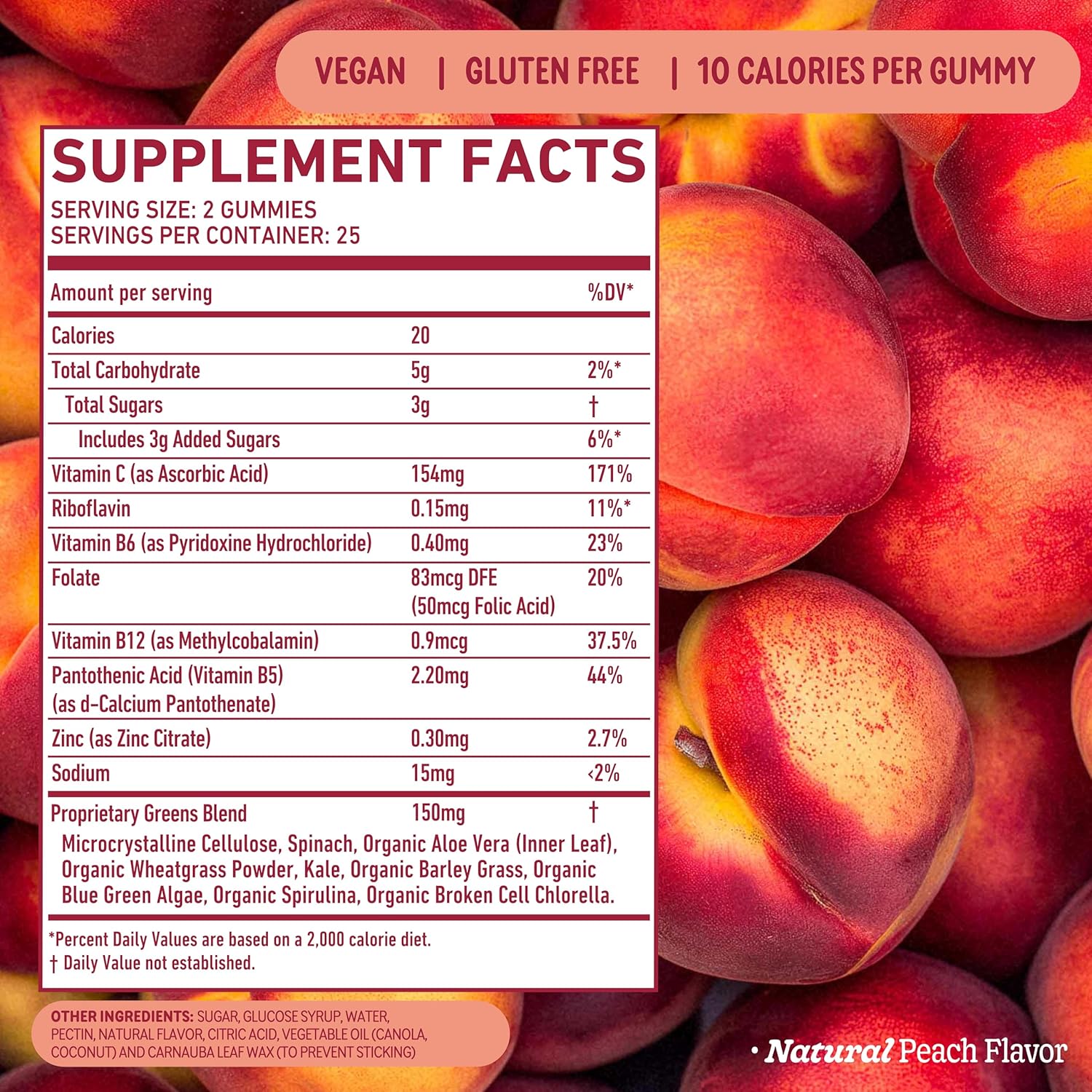 Organic Super Greens Gummy Supplement - 8Greens Superfood Gummies for Metabolism, Immunity & Focus with Digestive Enzymes - Peach Flavor, 50 Count