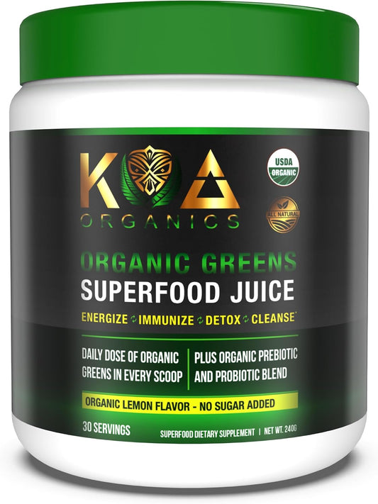 Organic Super Greens Juice Powder with Spirulina, Chlorella, Matcha, Wheat Grass, Enzymes & Probiotics - Lemon Flavor - USDA Certified - 30 Servings