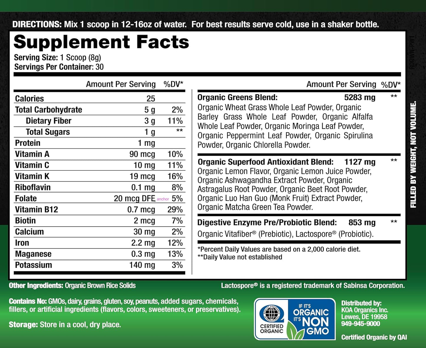 Organic Super Greens Juice Powder with Spirulina, Chlorella, Matcha, Wheat Grass, Enzymes & Probiotics - Lemon Flavor - USDA Certified - 30 Servings