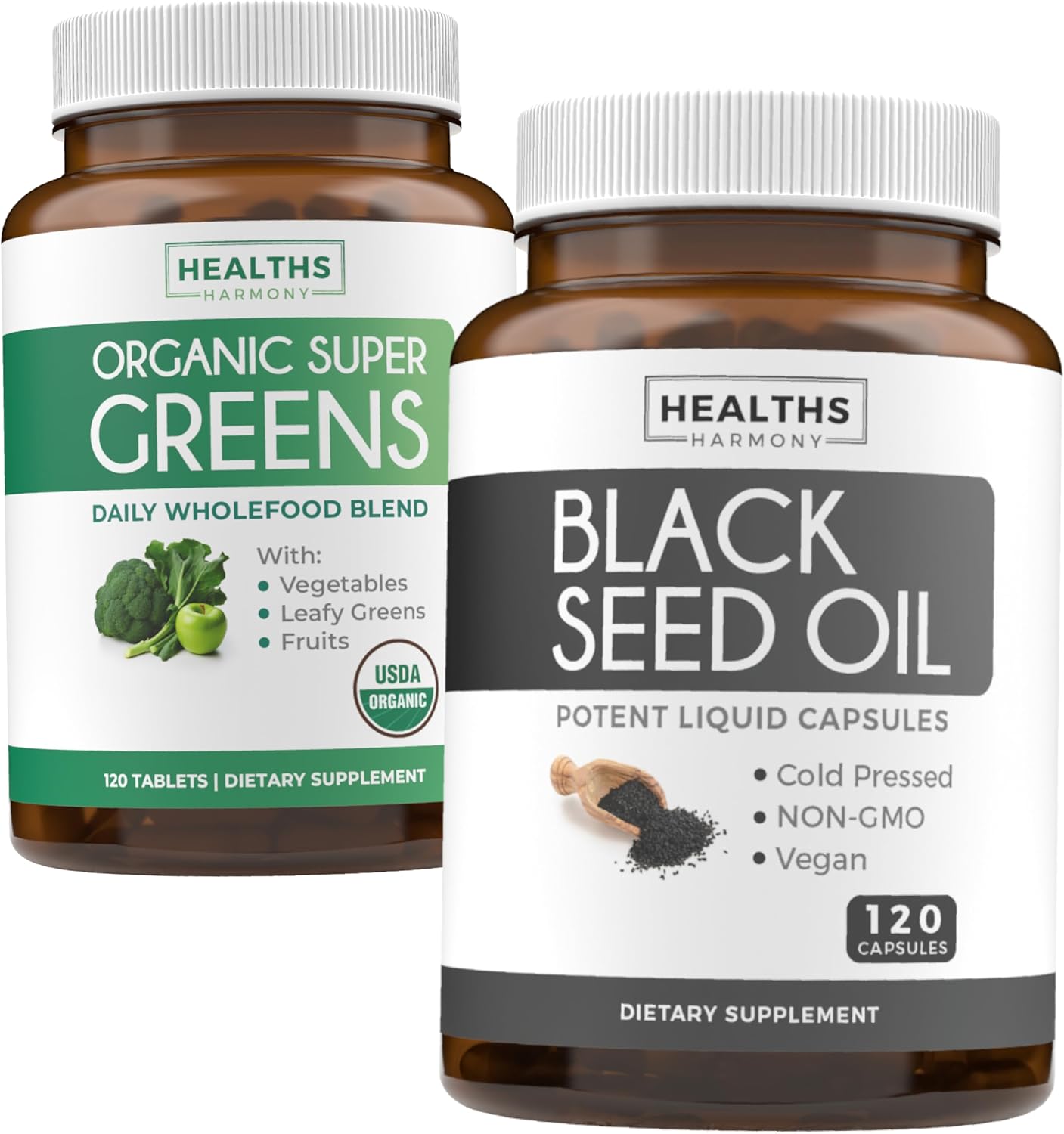 Organic Super Greens Powder & Black Seed Oil Bundle - Complete Superfood & Cold-Pressed Nigeilla Sativa (2-Month Supply)