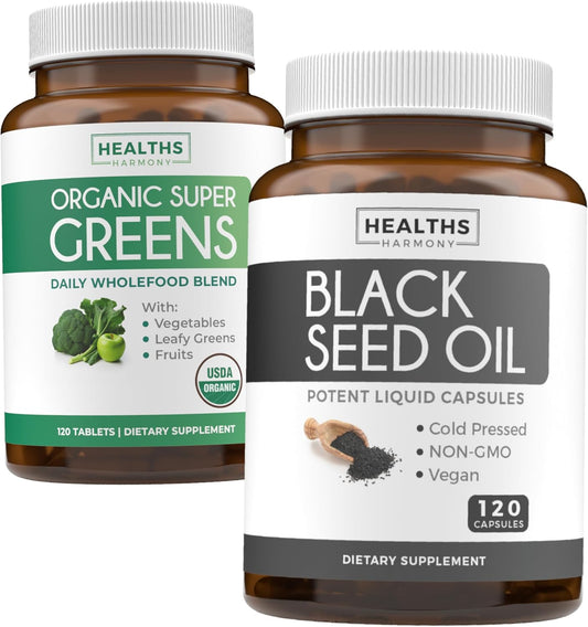 Organic Super Greens Powder & Black Seed Oil Bundle - Complete Superfood & Cold-Pressed Nigeilla Sativa (2-Month Supply)