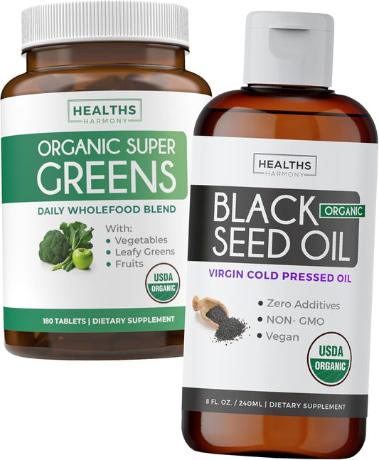 Organic Super Greens Powder & Black Seed Oil Bundle - 3-Month Supply of Herbal Oil Blend - Complete Superfood Capsules & Cold Pressed Liquid