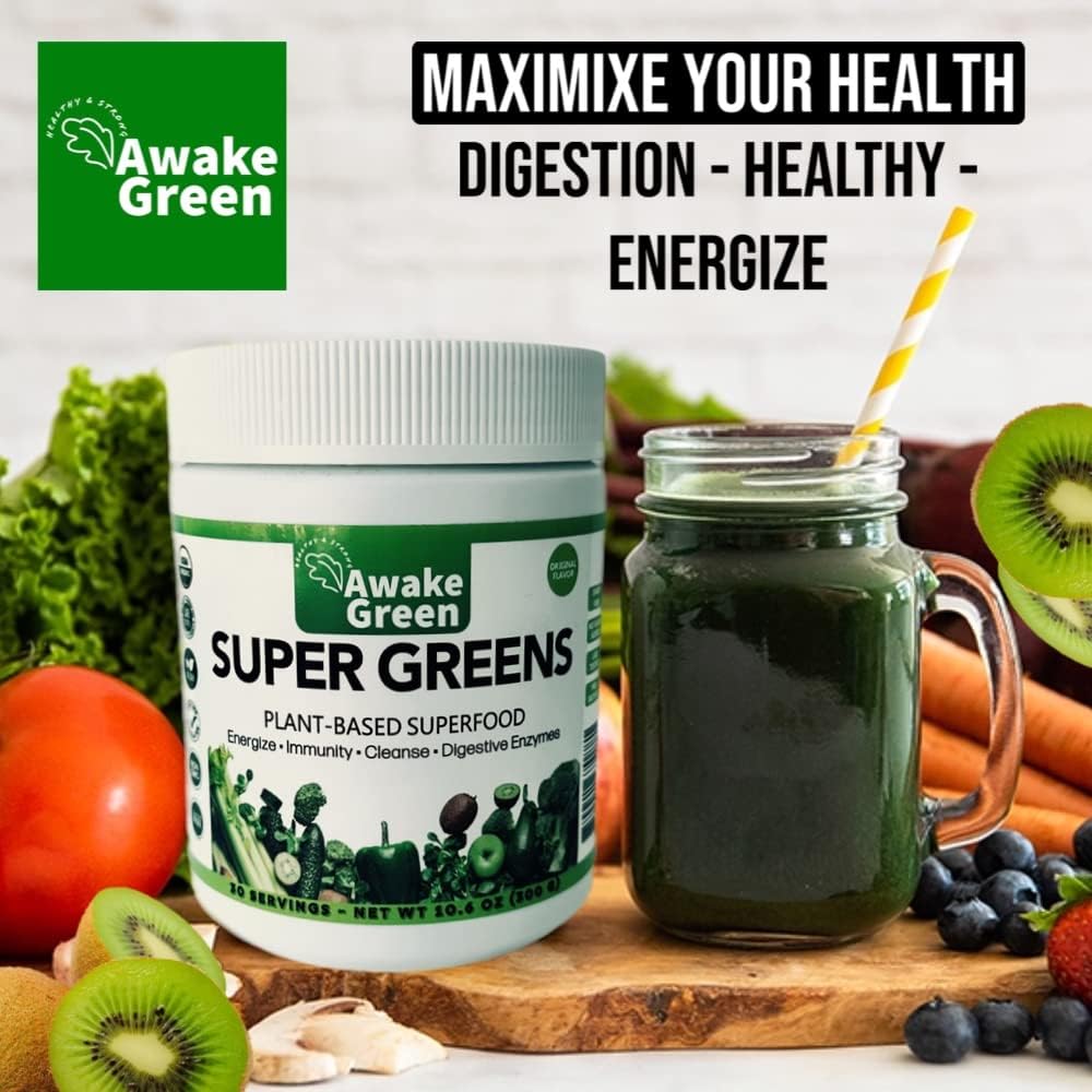 Organic Super Greens Powder for Digestive & Bloating Relief - USDA Certified Vegan Supplement - Spirulina, Wheat Grass, Barley - Probiotics & Enzymes for Gut Health - 20+ Whole Foods