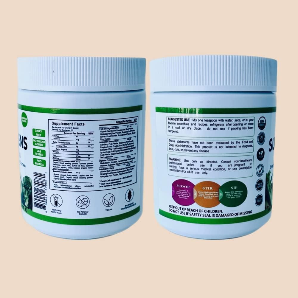 Organic Super Greens Powder for Digestive & Bloating Relief - USDA Certified Vegan Supplement - Spirulina, Wheat Grass, Barley - Probiotics & Enzymes for Gut Health - 20+ Whole Foods