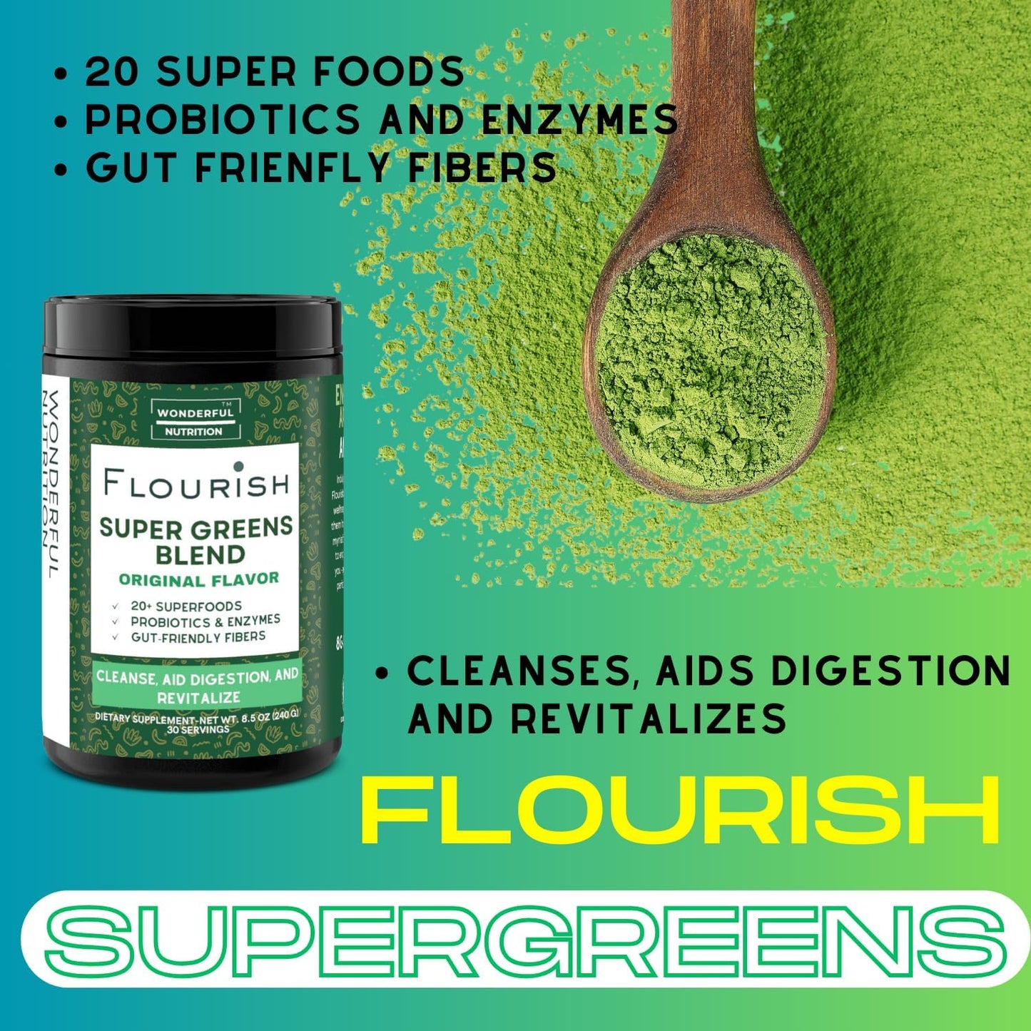 Organic Super Greens Powder Mix with Chlorella, Spirulina, Beetroot, Enzymes & Probiotics - Original Flavor (30 Servings)