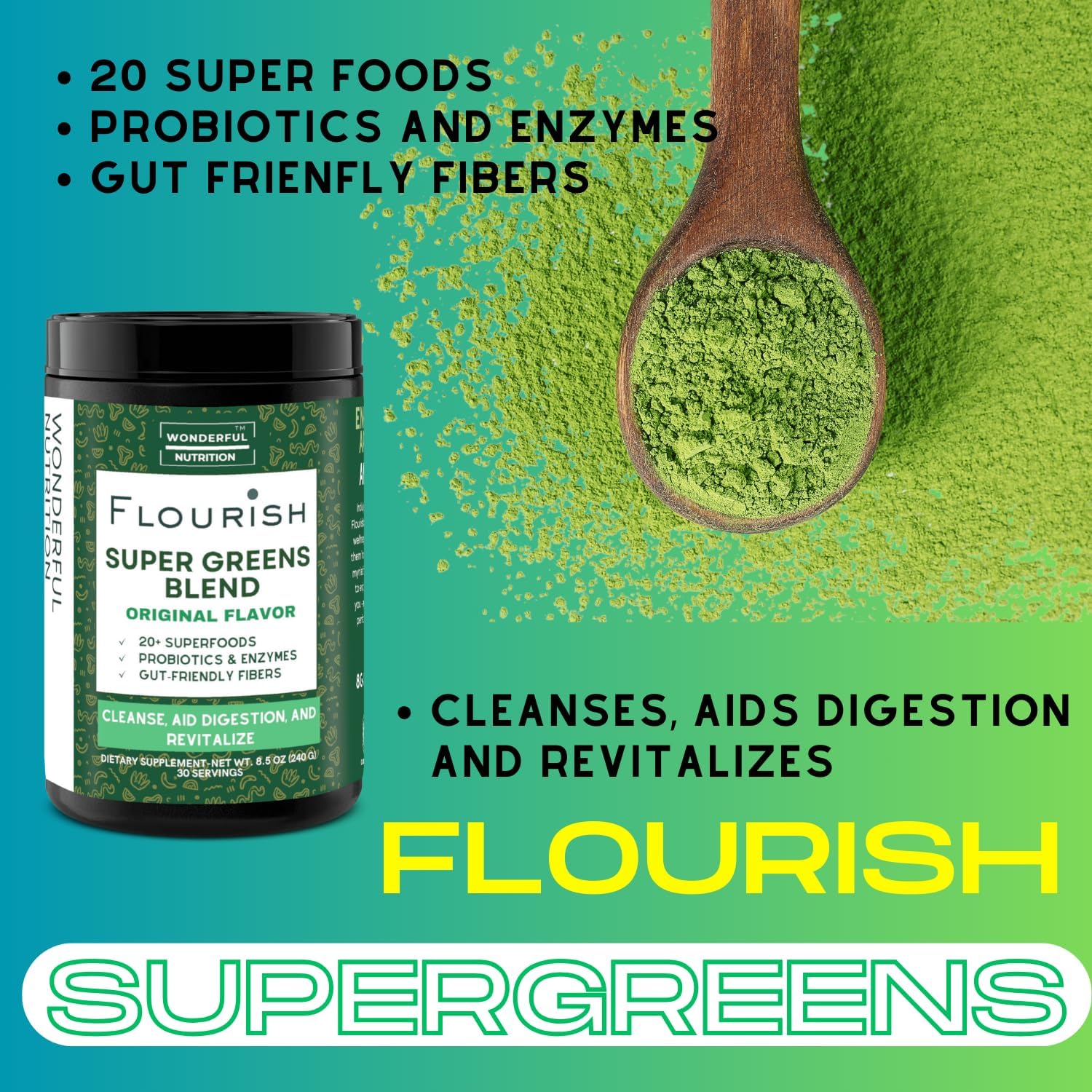 Organic Super Greens Powder Mix with Chlorella, Spirulina, Beetroot, Enzymes & Probiotics - Original Flavor (30 Servings)