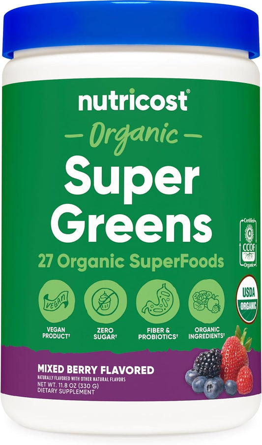 Organic Super Greens Powder Mixed Berry Flavor - Nutricost Superfood Supplement (30 Servings) - BoostGo Australia