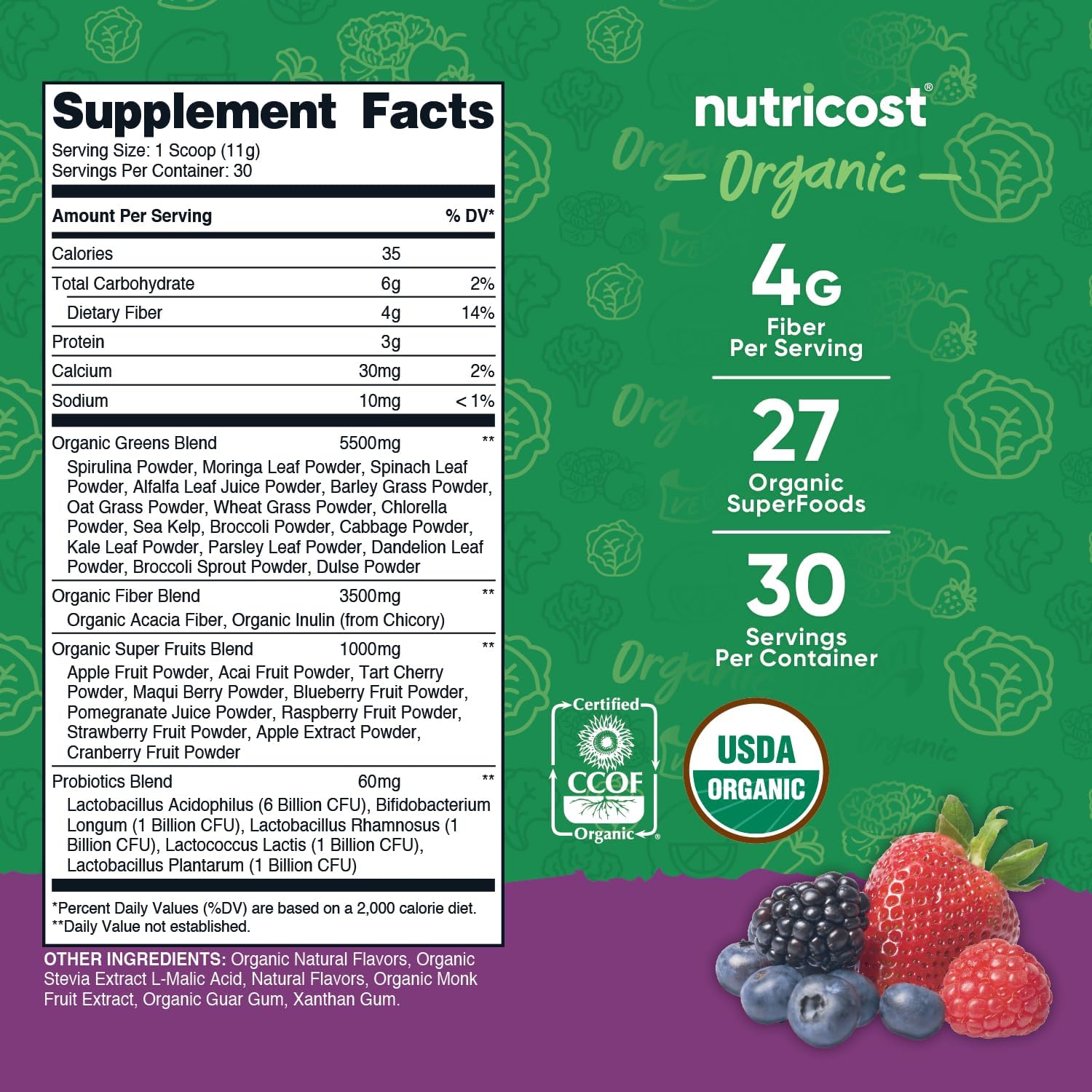 Organic Super Greens Powder Mixed Berry Flavor - Nutricost Superfood Supplement (30 Servings) - BoostGo Australia