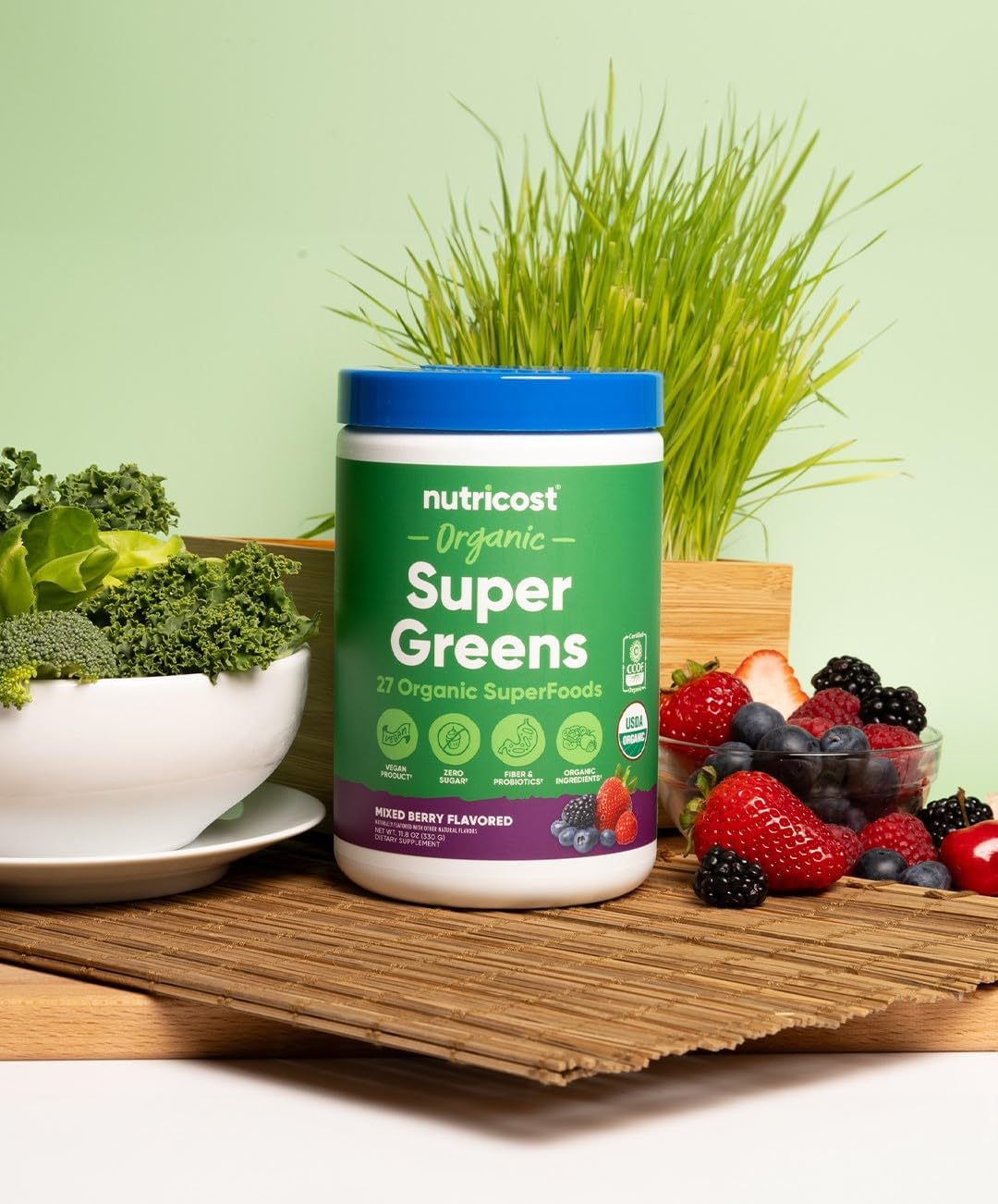 Organic Super Greens Powder Mixed Berry Flavor - Nutricost Superfood Supplement (30 Servings) - BoostGo Australia