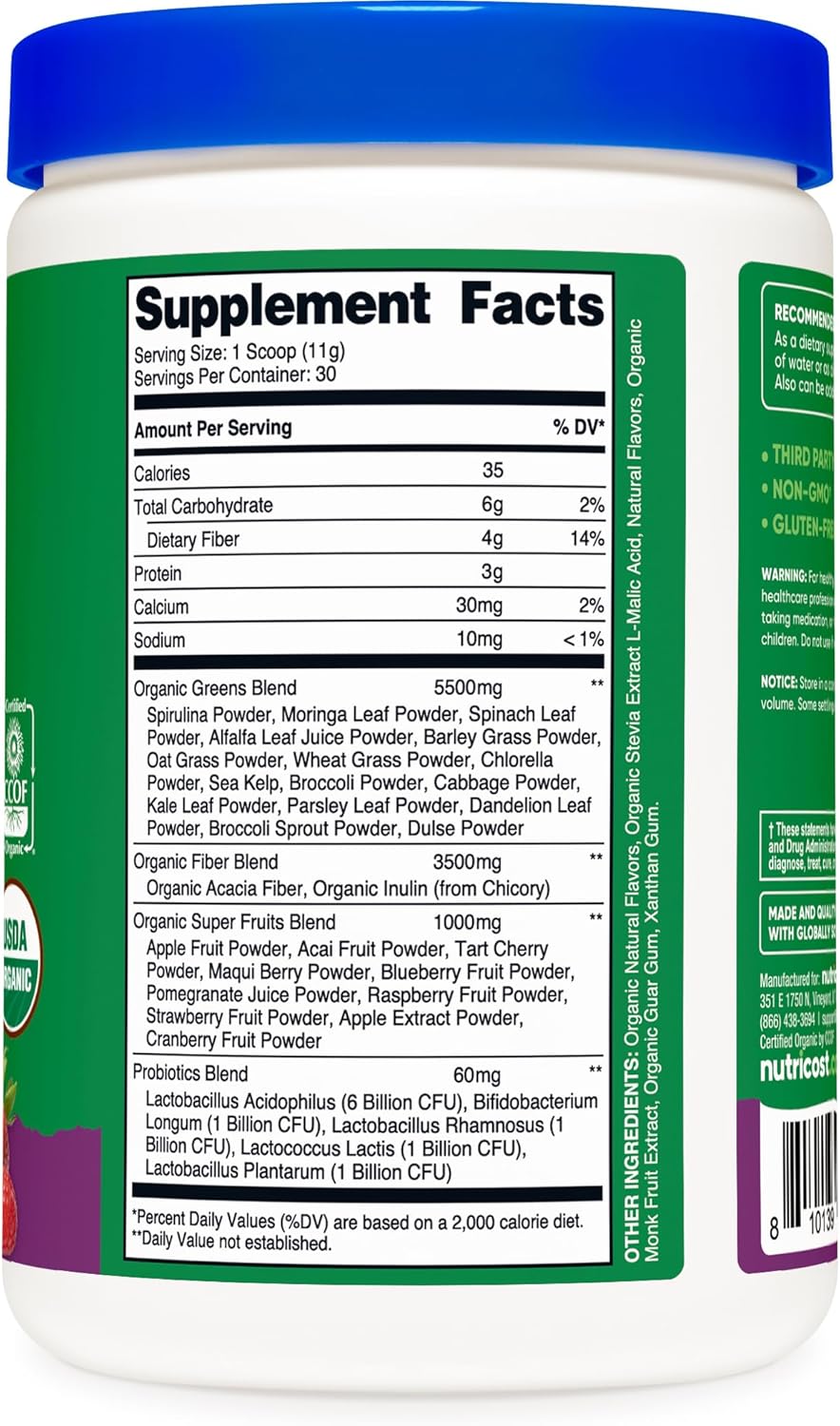 Organic Super Greens Powder Mixed Berry Flavor - Nutricost Superfood Supplement (30 Servings) - BoostGo Australia