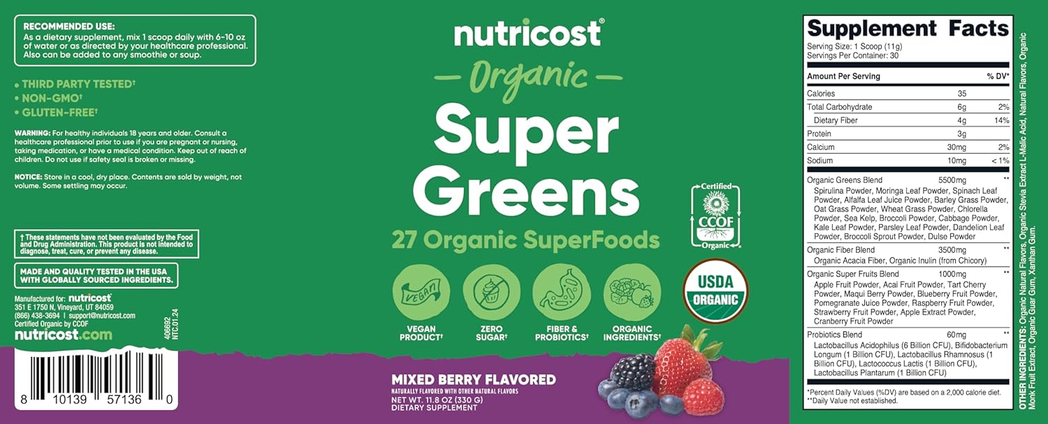 Organic Super Greens Powder Mixed Berry Flavor - Nutricost Superfood Supplement (30 Servings) - BoostGo Australia