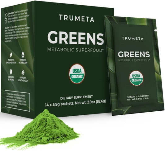 Organic Super Greens Powder Travel Packs - 14 Servings for Memory & Digestion - Vegan & Non-GMO - Rich in Spirulina, Goji, Beetroot, Pomegranate - Best Taste