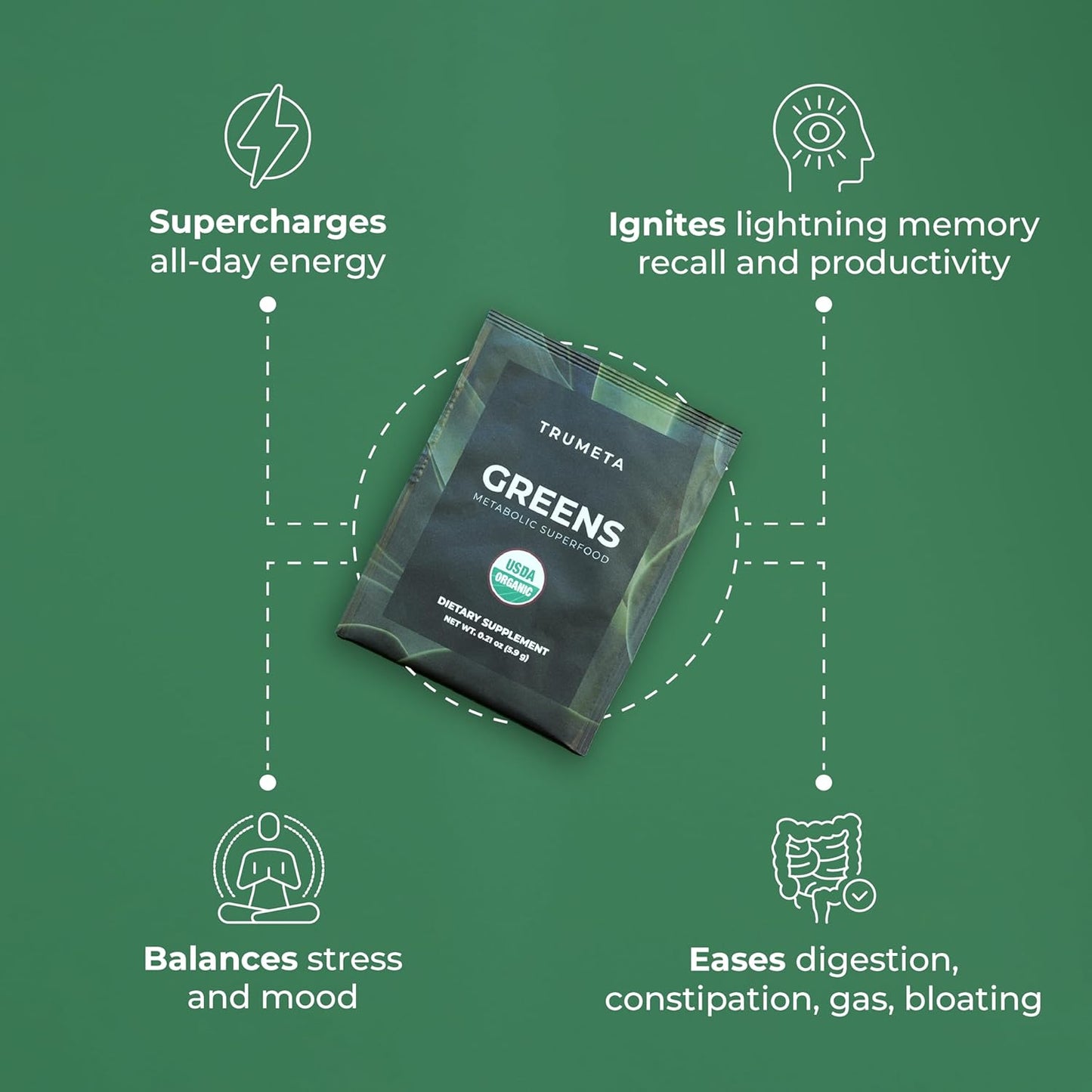 Organic Super Greens Powder Travel Packs - 14 Servings for Memory & Digestion - Vegan & Non-GMO - Rich in Spirulina, Goji, Beetroot, Pomegranate - Best Taste