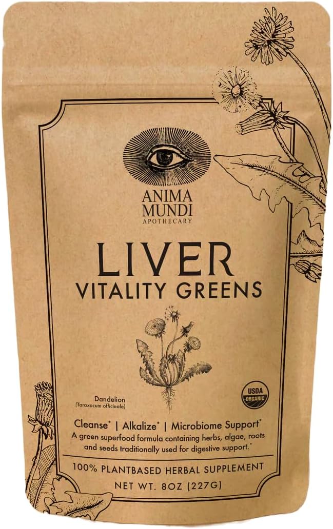 Organic Super Greens Powder with Herbal Prebiotics for Liver Detox & Cleanse - Vitamin Rich Superfood Blend with Dandelion & Milk Thistle - 8oz