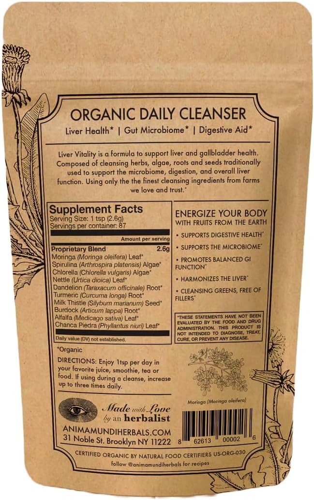 Organic Super Greens Powder with Herbal Prebiotics for Liver Detox & Cleanse - Vitamin Rich Superfood Blend with Dandelion & Milk Thistle - 8oz