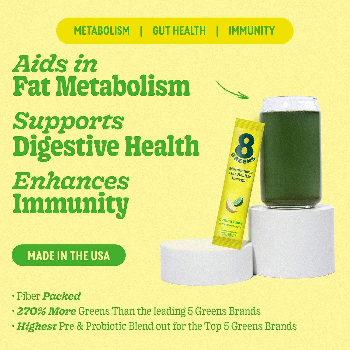Organic Super Greens Powder with Prebiotics & Probiotics for Gut Health, Metabolism, Debloating - Spirulina, Chlorella, Lemon Lime 7 Servings
