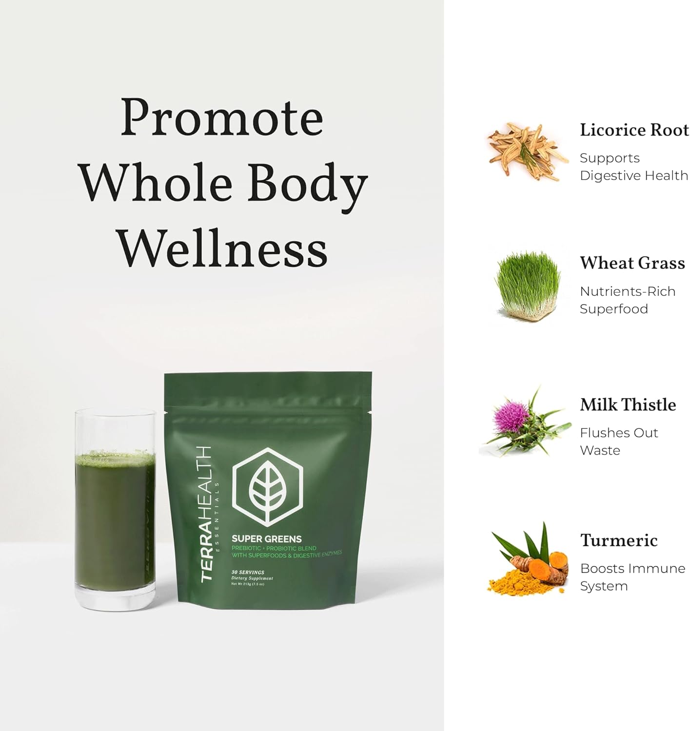 Organic Super Greens Powder with Probiotics - Gluten-Free Gut Support - 30 Servings by Terra Health Essentials®