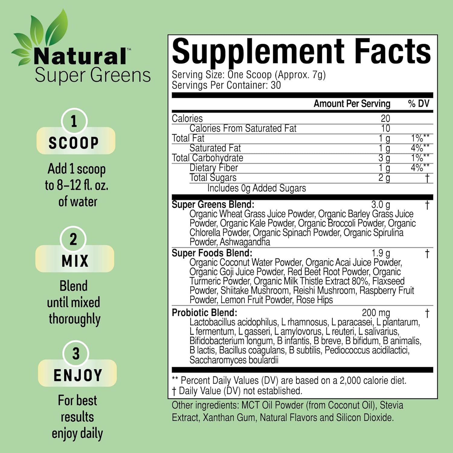 Organic Super Greens Powder with Probiotics & Enzymes - Spirulina & Chlorella Juice Mix