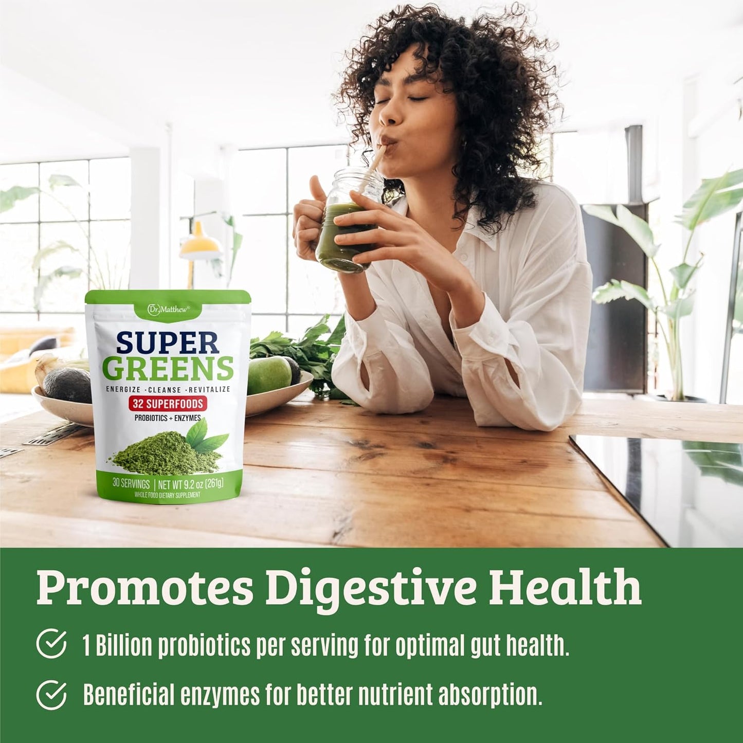 Organic Super Greens Powder with Probiotics & Enzymes for Detox and Digestion. Chlorella, Spirulina, Wheat Grass, Ashwagandha. 32 Superfoods.